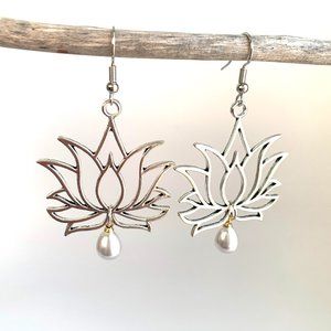 Silver Lotus Flower & Pearl drop Earrings ~NWT